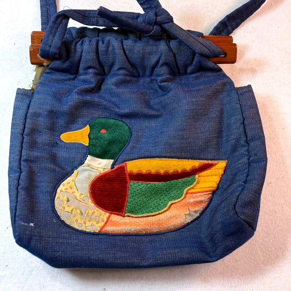 Vintage 80s Mallard Duck Patchwork Denim Purse Folk Art Cottagecore